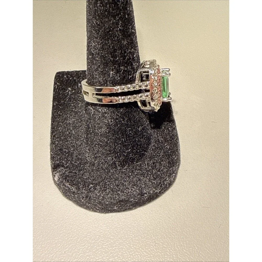 S925 Sterling Silver Emerald Green Halo Statement Ring Pink Clear Size 7